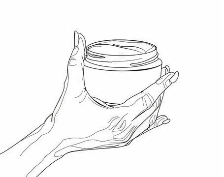 recommend clip art: Drawing of a hand holding cosmetic cream in a line. Line art modern illustration for skin care cream. Editable.