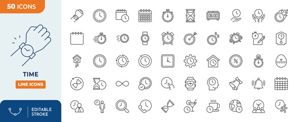 Time line editable icon set. Contain icons related to Clock, sandclock, time and date, and more. Editable stroke. Vector illustration