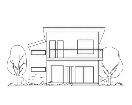 recommend clip art: Modern house architecture drawing with flat roof and editable lines. Residential building concept with flat roof.