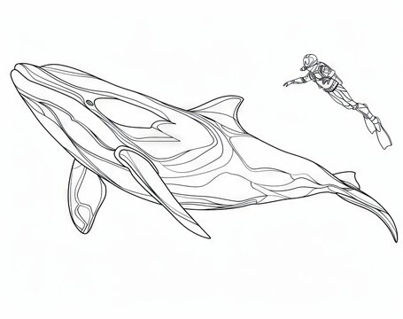 recommend clip art: The scuba diver and killer whale are drawn continuously in one line. Orca and scuba diver are drawn in a single outline modern pattern. Strokes can be edited.