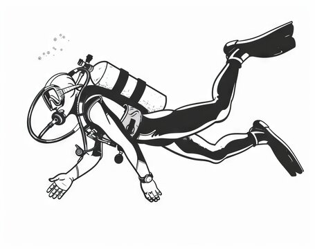 black and white scuba diver swimming underwater clip art preview