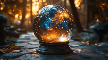 glowing celestial sphere in a forest with warm lighting