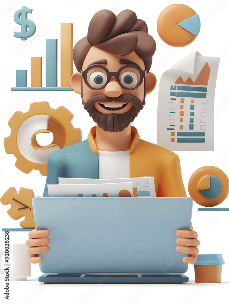 Poster 3d flat icon of analyst with laptop and goal document for data analysis and business goals. isolated