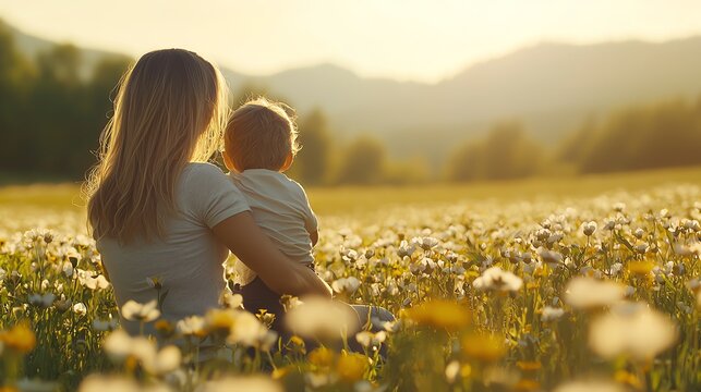 A mother holds her baby in a serene flower field during sunset, capturing a moment of love and tranquility in nature.