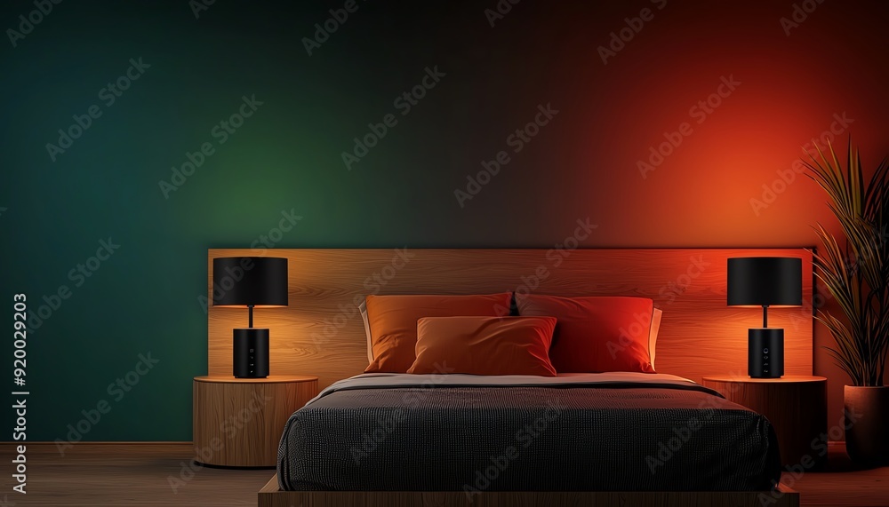 Poster detailed view of a bedroom with smart lights that gradually brighten in response to a morning wakeup