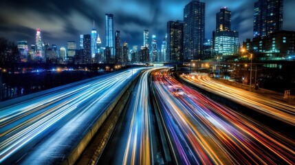 Fototapeta premium Cityscape with Nighttime Traffic Light Trails
