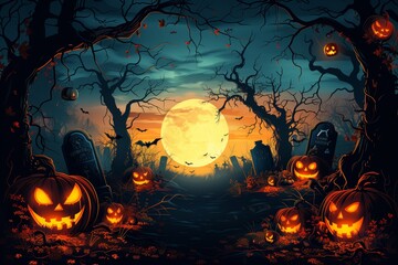 Fototapeta premium Halloween themed night frame with a blood-red moon, silhouettes of trees, a church, bats, a graveyard, and jack-o'-lanterns in the foreground 