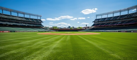 Empty baseball stadium with grassy field and bright sunny day