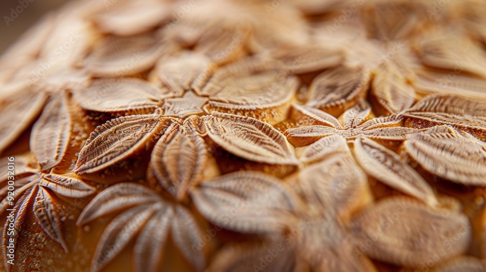 Poster the intricate design on the crust of a round loaf created by the skilled hands of an artisan baker a