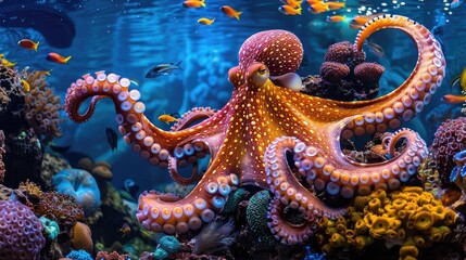 Brightly colored giant squid in a colorful underwater coral reef.