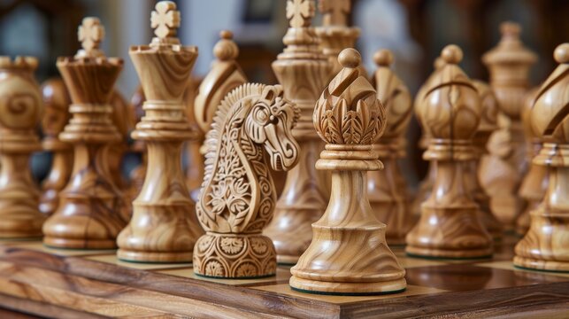 A stunning wooden chess set with each piece intricately carved and polished to perfection displaying the natural beauty of the wood.