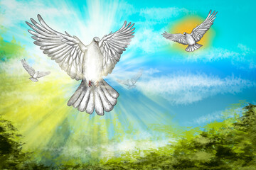 Obraz premium White dove flying in colorful sky representing hope and peace
