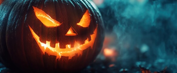 Naklejka premium Glowing Jack-o'-Lantern with a Sinister Grin in Smoke