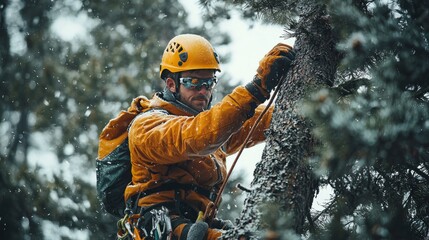 Tree surgeon in action, climbing and cutting a tall pine tree