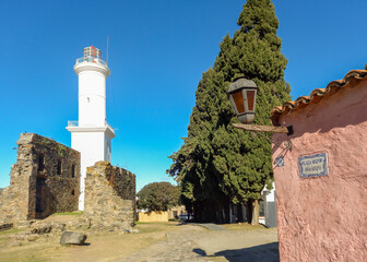 Lighthouse and ruins of the Convent of San Francisco in the historic quarter of Colonia, Uruguay