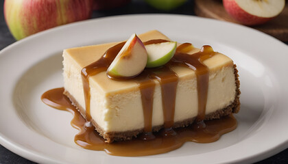 slice of caramel apple cheesecake on a plate