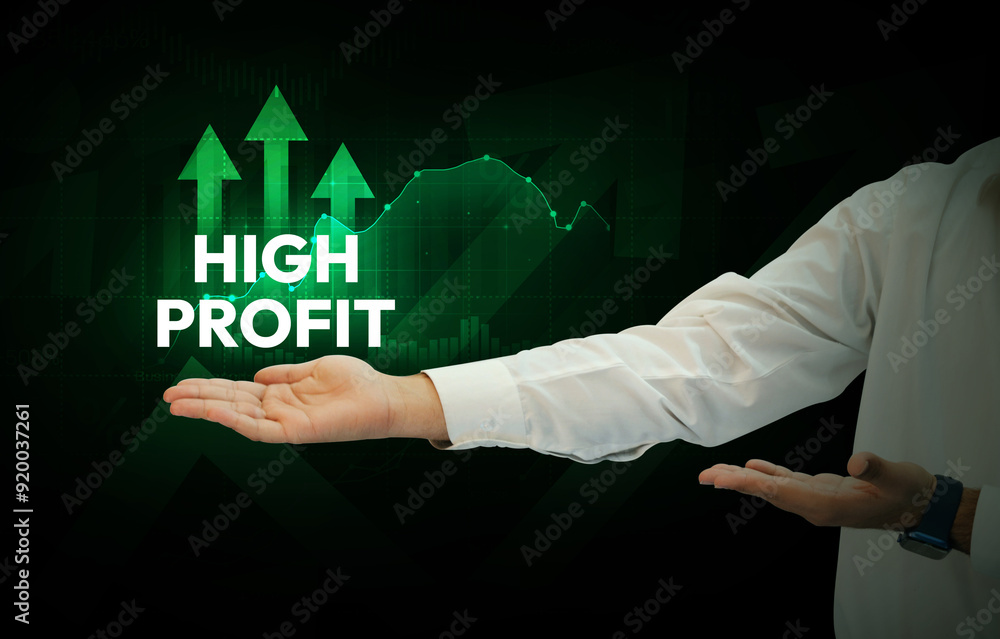Poster high profit in business concept background with green graph and arrows hovering over the hand.