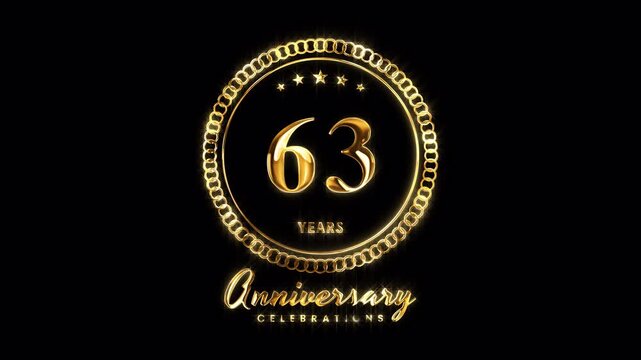 63rd Anniversary Celebration. Happy 63 Years Anniversary Animation in Gold Color on the Transparent Background, Alpha Channel. Great for greetings, celebrations, events, and gifts.