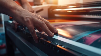 Close-Up of a Hand Feeding Paper into a Printing Press