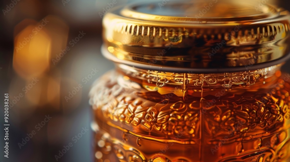 Poster a closer look at the label on a honey jar with intricate calligraphy detailing the type of honey and