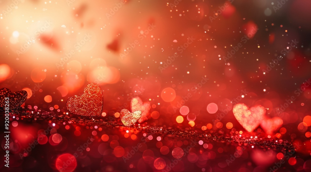 Poster a captivating array of hearts with beautiful bokeh lights in stunning red hues, ideal for romantic t