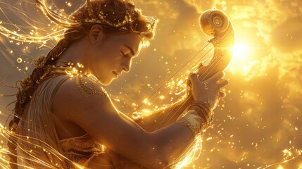 A Young Man Playing A Lyre In A Golden Sky