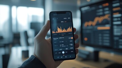Close up of hand holding smartphone with stock chart trading interface on blur background, Stock Market Exchange Trading Forex Investment Concept.