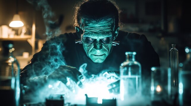 Scene of Frankenstein's monster performing bizarre experiments.
