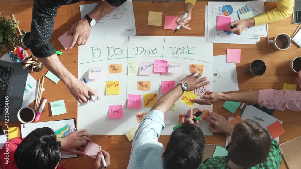 Aufkleber top down aerial view of diverse business team making scrum task board at meeting room. group of smar