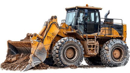Crawler loader with a raised bucket, isolated on a white background, photo of crawler loader isolated white background, construction machinery