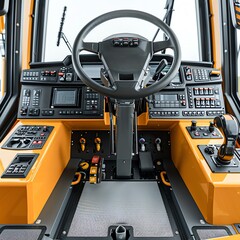 Fototapeta premium Detailed photo of an excavator s cabin and controls, isolated on a white background, photo of excavator isolated white background, operators cabin