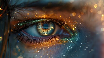This close-up shot captures the intricate details of a human eye, focusing on the iris, eye lashes, and reflective qualities