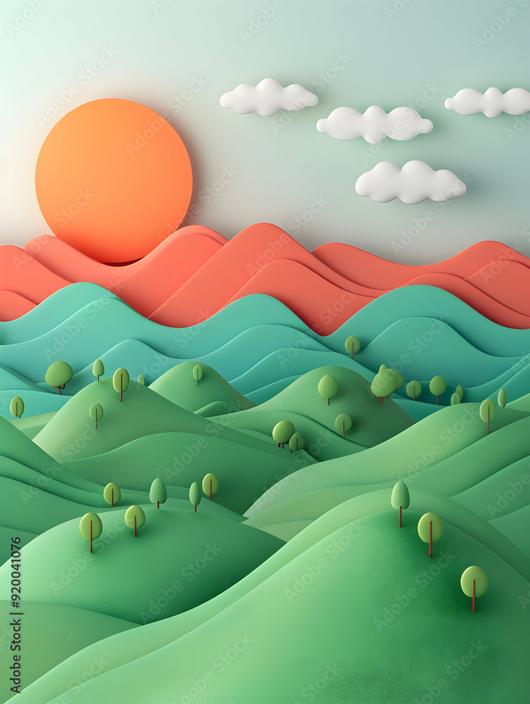 Poster 3d flat icon of daytime and twilight hills with a whimsical background, perfect for showcasing time 