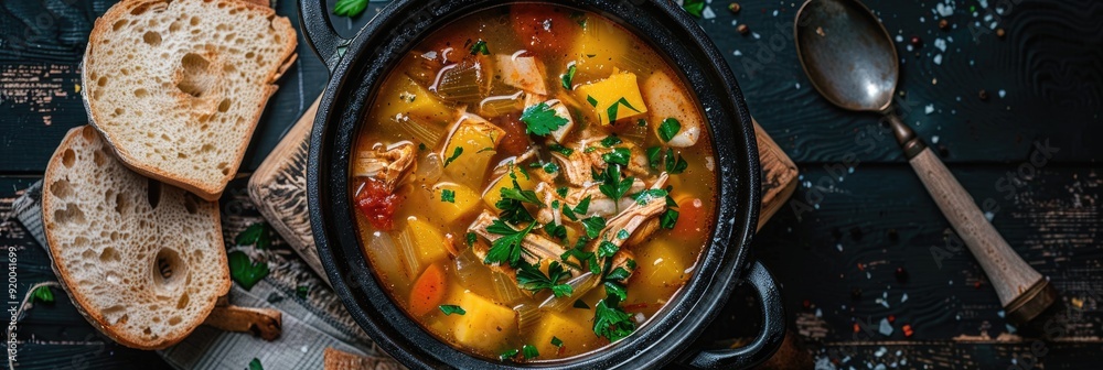 Poster cassava broth with shredded chicken in a black pot on a rustic background accompanied by bread slice