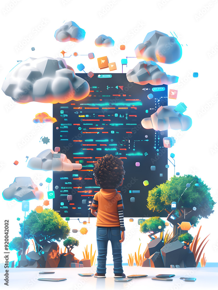 Poster 3d flat icon of developer with code and project plan on dreamy background, ideal for technology and 