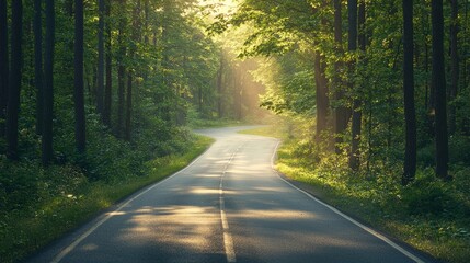 Fototapeta premium Empty road through a forest with sunrays breaking through trees