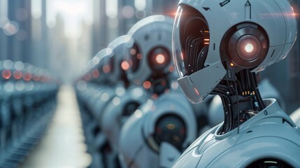 Fototapeta premium Close-up of futuristic robots lined up in a high-tech assembly line, showcasing advanced AI and automation in a sci-fi setting..