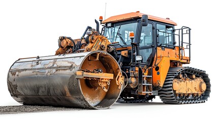 Side view of a heavyduty road roller, isolated on white, showing its compaction capabilities, photo of compactorroller isolated white background, roadwork machinery
