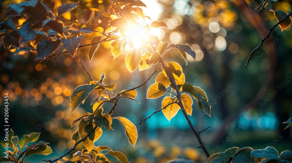 Poster golden sunlight filters through autumn leaves on a tree, creating a warm and serene atmosphere with 