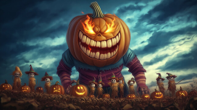 Menacing Jack-o'-lantern towering over scarecrows in a pumpkin patch.
