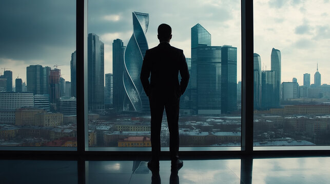 Silhouette of businessman looking at cityscape from office window.