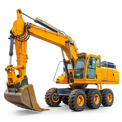 Fototapeta premium Wheel excavator with a telescopic boom, isolated on a white background, ideal for varied terrain, photo of wheel excavator isolated white background, telescopic boom