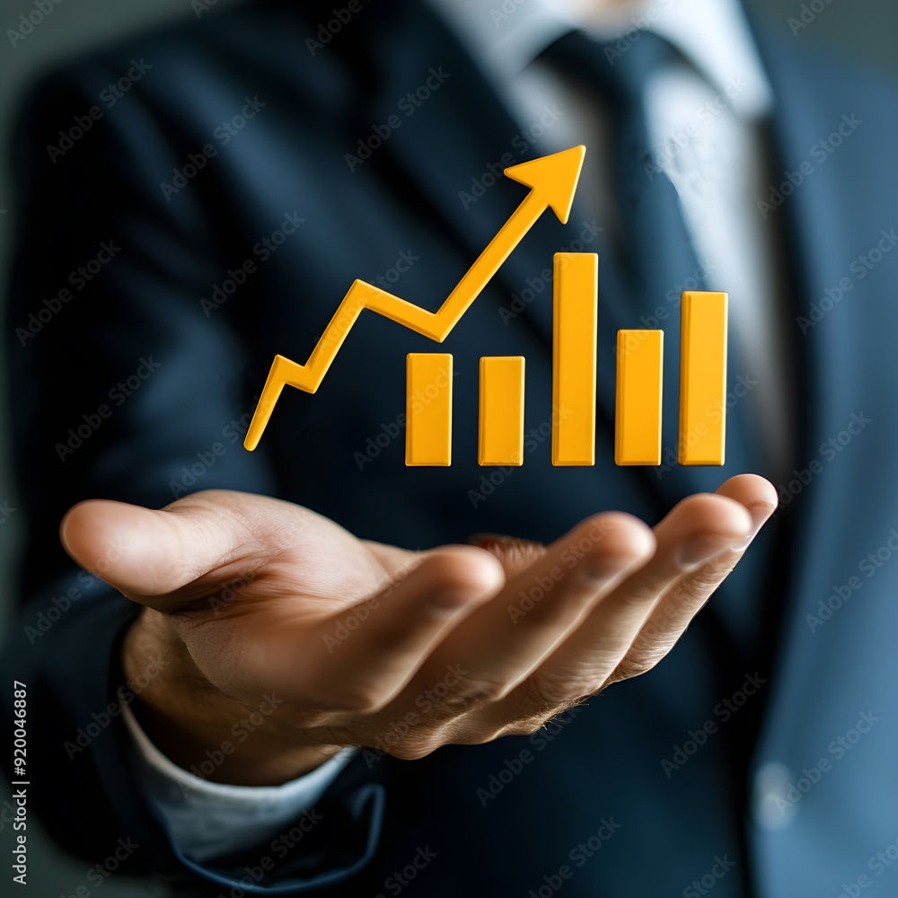 Poster a man is holding a hand up to show a graph with a yellow arrow pointing upwards