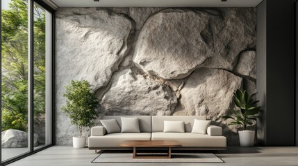 Minimalist Living Room with Stone Wall and Large Windows
