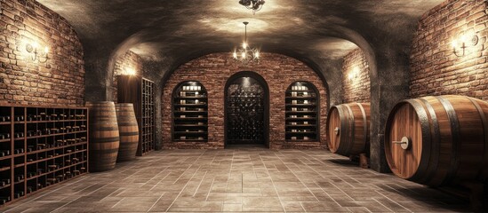 Rustic Wine Cellar with Brick Walls, Wine Racks, and Wooden Barrels