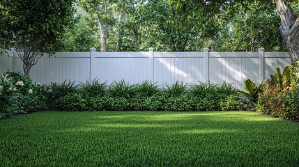 Manicured lawn with white picket fence in a suburban backyard