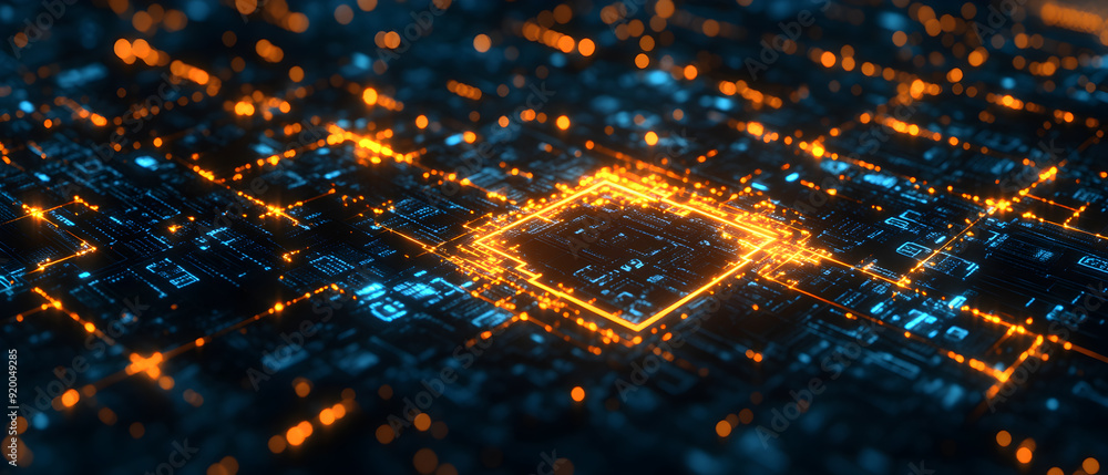 Poster a computer chip with a yellow square in the middle