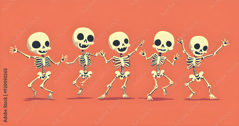 Poster a group of skeletons are dancing on a red background
