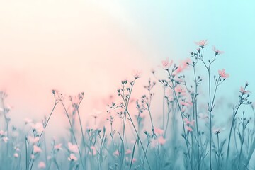 Soft Pink Flowers In A Dreamy, Pastel Blue And Pink Background - Illustration