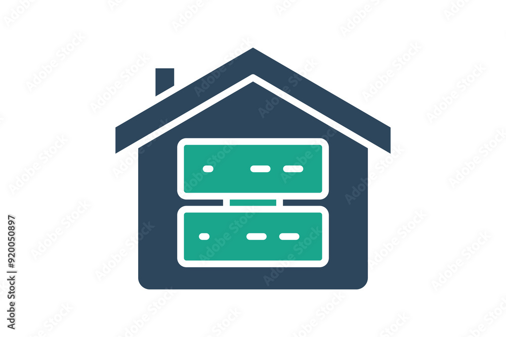 Poster data warehouse icon. house with big data. icon related to store. solid icon style. data analytics el